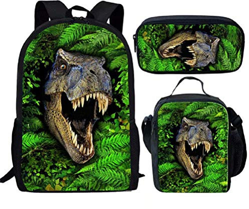 chaqli Schulrucksack Jungen Beliebte Schulbuchtasche Set, Dinosaurier Schultasche + Lunch Tote Bag + Federmäppchen mit 3 Stück