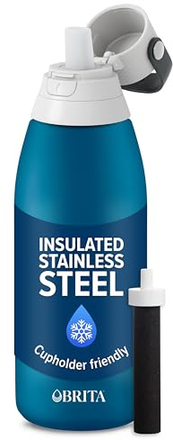 BRITA Botella de agua filtrada aislada con popote, reutilizable, metal de acero inoxidable, marina, 32 onzas