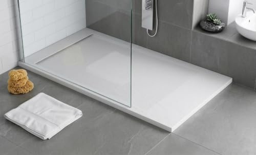 Plato de ducha resina FLOW desagüe lineal frontal color Blanco 80x80 textura pizarra antideslizante rejilla inox con válvula
