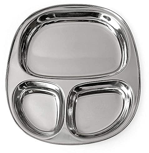 WG inc Stainless Steel Compartment Plate, 3 in 1 Divided Oval Shaped No Mess Tray Dinner Platter, Kids Plates, Baby Dishes, Dishwasher Safe, Reusable, BPA Free (Small)