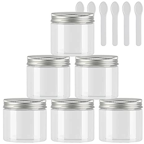 TIANZD 6 Pièces Vides Petit 50 ml Transparent Cosmétique Pot en Plastique avec Couvercle Argent 50 g Pots de Cosmétique Crème de Bouteille Contenant avec 6x Spatules