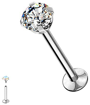 WARRIOR Piercing al Labbro/Labret Sterile Borchie per Orecchio Tragus Piercing Gioielli in Acciaio Chirurgico 316L 16G(1,2mm) con Cristallo Bianco 4 mm Lunghezza 8 mm Filettura Interna