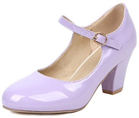 Lizoleor Tacco A Blocco Mary Jane Festa Donna con Cinturino alla Caviglia Bridal Scarpe Tacco Alto Closed Toe Eleganti Festa Vernice Pump Fibbia Viola Numero 37 EU/38Cn