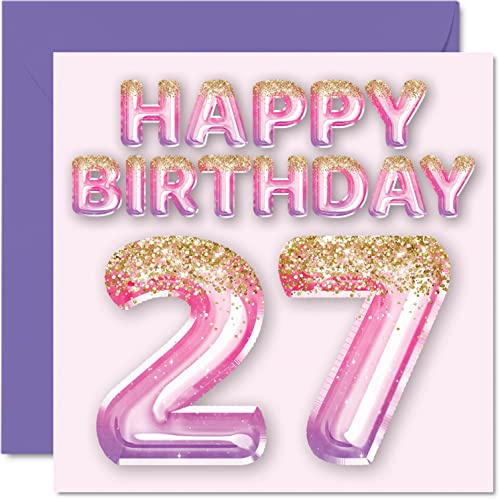 27th Birthday Card for Women, Pink & Purple Glitter Balloons | Happy Birthday Cards for 27 Year Old Woman Daughter Sister Auntie Cousin, 145mm Greeting Cards Gift