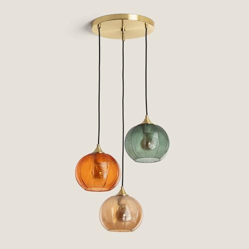 LEDKIA LIGHTING - Hängeleuchte Glas Tri Klimt | Klassisches Design | Verstellbare E27 Fassung | Geeignet für Wohnzimmer, Küche, Schlafzimmer | Metallhalterung Goldoptik, Mehrfarbig, Glas