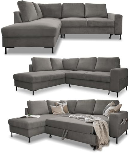 MIUFORM Ecksofa mit Schlaffunktion, Lofty Lilly Wohnlandschaft L-Form, Couch L Form Wohnladschaft mit Schlaffunktion Schlafcouch, Sofa Cord Metallfüße (Hellgrau, Links ausgerichtet)