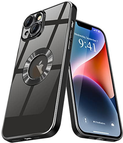 Pepmune Cover per iPhone 14 Custodia Trasparente Placcatura Disegno Copri Fotocamera Sottile Silicone Bumper Case Antiurto Resistente Anti Ingiallimento Crystal Clear Cover per iPhone 14 Nero