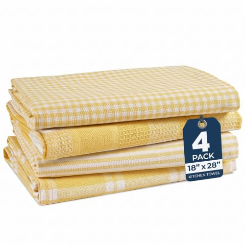 LANE LINEN Kitchen Tea Towels Set – 4 Pack (18” x 28”) 100% Cotton Dish Towel, Absorbent & Quick Drying Kitchen Cloth with Hanging Loop - Yellow