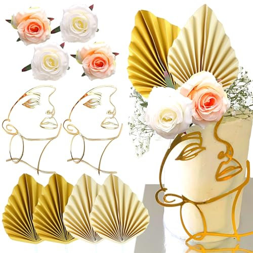 JeVenis Acryl Minimalistische Kunst Dame Kuchen Deko Rose Blume Tortendekoration Lady Face Cake Deko Queen Hochzeit Geburtstag(Gold 2)