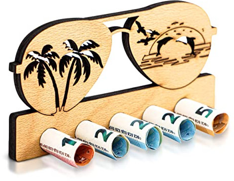 DARO Design - Urlaub, Strand, Palmen, Sonnenbrille - Geldgeschenk Holz