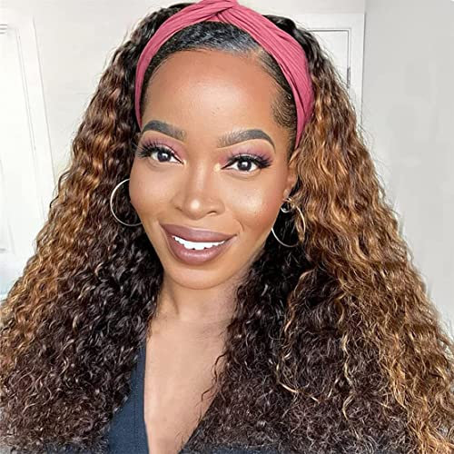 Highlight Ombre 16 Zoll Brasilien Echthaar Perücke Lockige Perücken ohne Spitze Front Headband Wig Deep Wave Naturperücke Ombre #4/27 Farbe