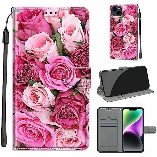 for iPhone 15 Case, PU Leather Wallet Book Flip Folio Stand View Cover Pouch Compatible with iPhone 15 Phone Case (Flowers)