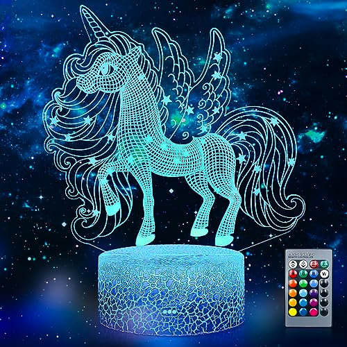 Unicorns 3D Illusion Lamp LED Night Light, USB Powered 16 Colours Flashing Remote Control Switch Bedroom Decoration Lighting Night Light Kids Adults for Boys Girls Birthday, Christmas, Festival Gifts