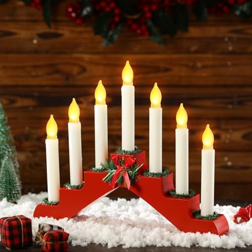 Bokon Christmas Swedish Candelabra Wooden Bridge Candle Holder with 7 Flameless Taper Candles Decorative Xmas Candle Lights for Christmas Holiday Decor, Battery Operated