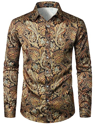 PARKLEES Men's Luxury Baroque Printed Slim Fit Long Sleeve Button Up Satin Dress Shirts for Party Prom PZLCL36-110-Gold L