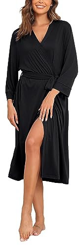 Lovasy Dressing Gowns for Women UK Long Women's Robe Soft Ladies Kimono Dressing Gowns Lightweight Knit Bath Robes for Women Loungewear Nightwear with Pocket for All Seasons,Black,M
