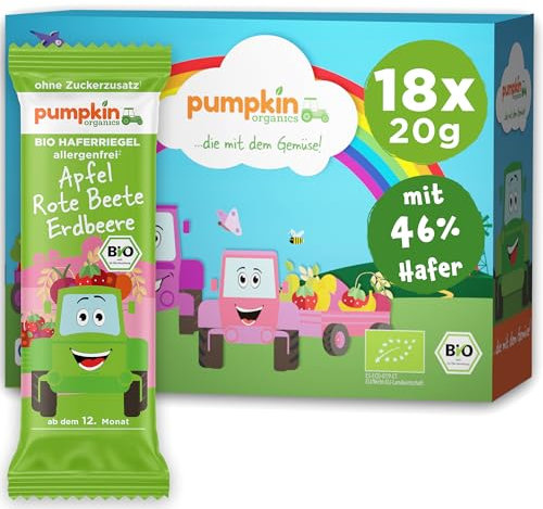 Pumpkin Organics Bio Haferriegel Apfel, Rote Beete, Erdbeere (18x20g) Haferriegel ohne Zuckerzusatz¹ ab dem 12. Monat - allergenfreie² und glutenfreie³ Baby- und Kindersnacks
