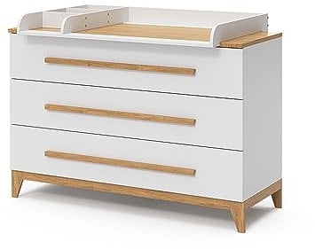 VitaliSpa Cómoda Cambiador Malia, Blanco/Roble, 133 x 98 cm XL con 3 cajones