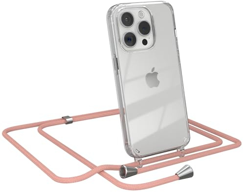 EAZY CASE Handykette kompatibel mit iPhone 15 Pro Handyhülle mit Umhängeband, Handykordel mit Schutzhülle, Silikonhülle, Hülle mit Band, Stylische Kette für Smartphones, Alt Rosa - Clips Silber