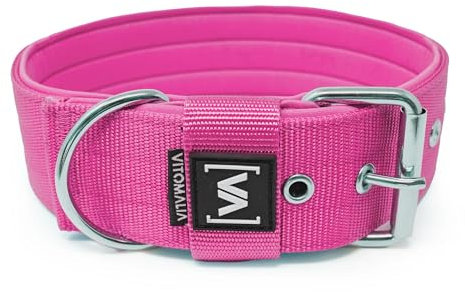 VITOMALIA® 4cm Breites Hundehalsband mit abstehender Neopren-Innenfütterung für Hunde, Silberfarbende Edelstahl-Dornschnalle, Hundehalsband mittelgroße Hunde (4cm/M = 40cm-50cm, Pink)