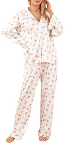 Yassiglia Ensemble de pyjama pour femme, imprimé fraise, chemise boutonnée, manches longues, hauts et shorts, 2 pièces, vêtements de détente, pyjama, vêtements de nuit pour femmes, blanc, M