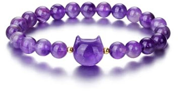 CrystalTears Amethyst Armband Damen 8mm Beads Perlenarmband Damen mit süße Katze Reiki Talisman spirituelle Geschenke