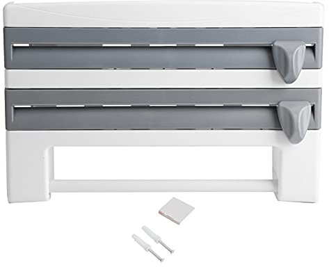 Wall Mounted Roll Holder for Foil, Cling Film and Kitchen Sauce Bottle Storage Rack Paper Towel Holder with Neat Storage and Easy Grip (Greyish White)