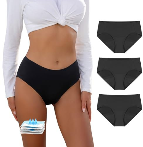 Carer 3er-Pack Periodenunterwäsche starke blutung, Perioden Unterwäsche mit 50 ml Sofortaufsaugendes Pad bequem und auslaufsiche Schwarz Größe S