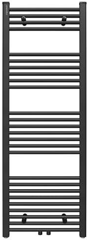 Aquabad Badheizkörper Virgo | Grösse: 50 x 140 cm | Heizleistung 468 Watt | Farbe: Schwarzmatt | Mittelanschluss 50mm | Handtuchhalter, Handtuchwärmer