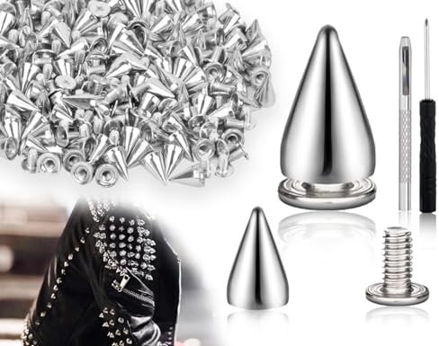 KAPSING 100 Stück Punk Ziernieten Set,Metall Spitz Nieten mit 1 Stück Locher und 1 Stück schraubendreher,Anti-Rost Ziernieten,Stachelnieten,für Kleidung Schuhe Leder Taschen(Silber)
