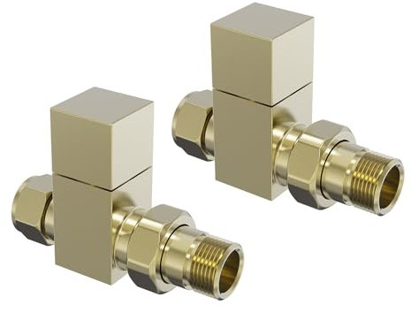 NRG Modern Square Straight Radiator Valve Central Heating Taps 15mm Brushed Brass One Pair