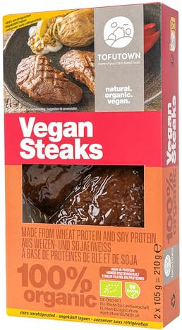 TofuTown Bio Vegan Steak (6x210g) | Natürliche & Regionale Herstellung | Hoher Proteinanteil & Leckeren Geschmack, Vegan | Ohne Künstliche Zusatzstoffe | Ideal als Fleischersatz