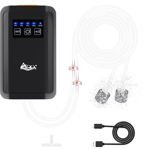 AQQA Aquarium Air Pump,Rechargeable Battery Aquarium Oxygen Pump,3W Adjustable Fish Tank Air Pump Aerator,Two Modes Aquariums Bubbler Portable with accessories up to 500L