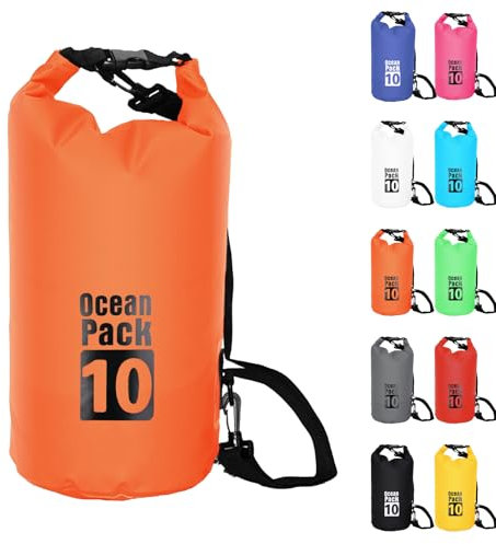 10L Orange Wasserdichte Tasche,Dry Bag 2L/5L/10L/15L/20L/30L mit Verstellbarem Gurt, Schützt Telefon/Karte, Roll Top Wasserdichter Beutel Rucksack für Schwimmen/Rafting/Kajak/Bootfahren/Camping/Strand