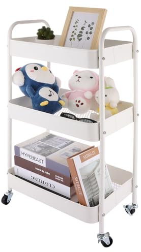 YOUNTHYE 3 Tier Storage Trolley, Metal Utility Storage Cart Kitchen Trolley on Wheels, White Book Trolley Craft Trolleys with Handle, Rolling Cart for Bathroom, Bedroom, Office