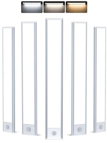 TRUMPETS 30cm Unterbauleuchte Küche led, 3000mAh Schrankbeleuchtung mit Bewegungsmelde 3 Farben, kleiderschrank beleuchtung für Küche,Schrank,Regale,Vitrinen [Energieklasse G] (5 Stk | Pro)