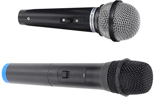 PHENOFICE Fake Microphone Toy Prop for Kids, Black Miniature Simulated Microphone Model for Kids’ Pretend Play, Party Favors and Stage Performance Accessories, 2pcs Set