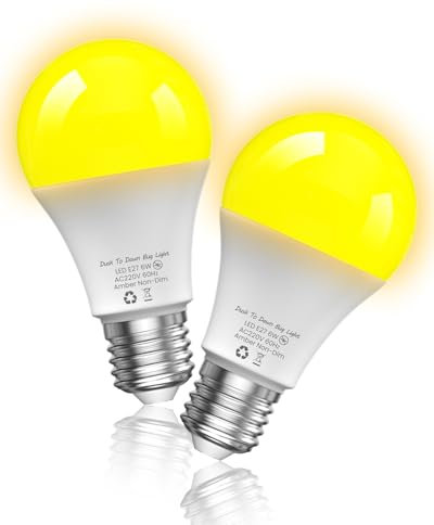 Lamptobe Außenlampe mit Dämmerungssensor, 6W A19 LED Lichtsensor Lampe, E27 LED Automatische Lampe mit Lichtsensor, Warmweiß 1800K gelbes Licht (530-590nm) Anti Insekten 2 Stück