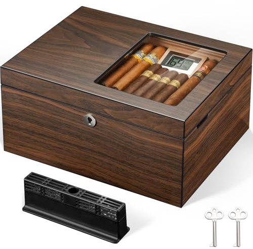 Zigarren Humidor Box mit Lüftungsgitter - Hält bis zu 120 Zigarren, Spanische Zedernfutter, Magnetische Trennwände, Custom Gel Luftbefeuchter, Digital Hygrometer & Schloss - Luxus Zigarren