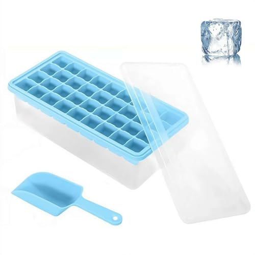 Ice Cube Tray with Lid and Bin,Silicone Ice Maker Mold for Freezer,32 Ice Cube Molds with Scoop,Easy Release Ice Cube Molds & Trays for Whiskey Cocktail, Tea, Coffee