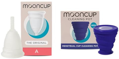 Mooncup® The Original Silicone Menstrual Cup Starter Kit Bundle, Reusable, Ultra Soft & Easy Insert, Great for Heavy Flows, Size A, Age 30+ or Post Vaginal Birth & Mooncup Menstrual Cup Cleaning Pot