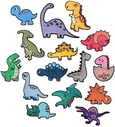 KEMUZ 15 Stück Dinosaurier Aufbügel-Patches, Bestickte Flicken zum Aufnähen für Kinder, Motiv-Patches für Jeans, Rucksäcke, Hosen & T-Shirts, DIY-Stoffblumen zum Aufbügeln, Pädagogische Dino-Motive