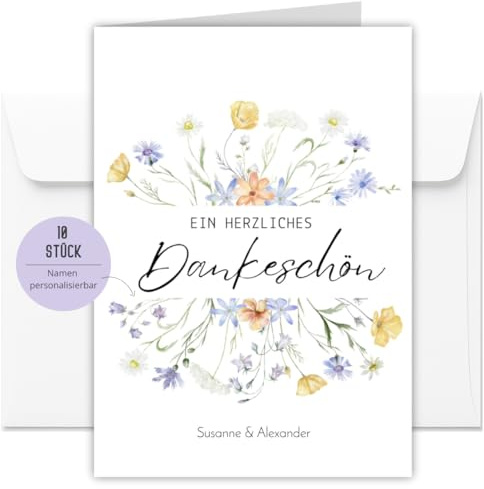 10 personalisierte Dankeskarten inkl. Umschläge für Hochzeit, Taufe, Geburtstag, Baby, Kommunion, Jugendweihe | Karten Danke | Klappkarte DIN A6 (Wildblumen personalisiert 10 Stück)