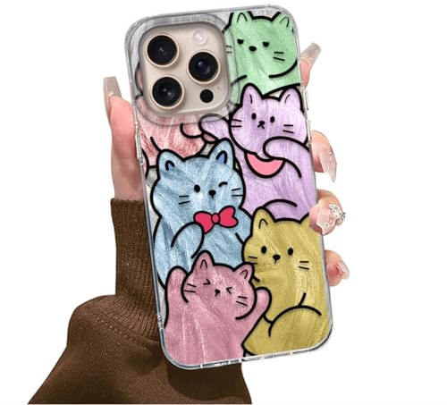 Tedyhulle Case For iPhone 13 Pro Max/ 12 Pro Max 6.7 Inch, Funny Cute Aesthetic Colorful Cat Pattern Design, Hard PC Back & Soft TPU Stylish Slim Bumper Shockproof Protective Phone Cover for Women
