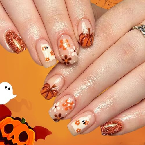 Halloween False Nails, Short Square Press On Nails With Glue, 24PCS Orange Ghost Pumpkin Flower Fake Nail With Fine Glitter, Full Cover Stick On Nails For Halloween Parties Nail Art