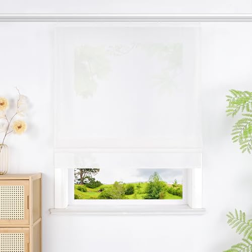 Heichkell Raffrollo mit Schienensystem Unifarbige Gardine Halbtransparente Raffgardine Landhausstil Rollo Weiß BxH 120x140 cm