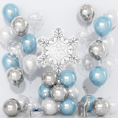 Weihnachts-Schneeflocken-Ballon-Set, 32 Stück, silberfarben, weiß, blau, Latex-Ballons mit Schneeflocke, Helium-Mylar-Folie, Eiskönigin, Winter-Wunderland-Luftballons für Weihnachten, Neujahr