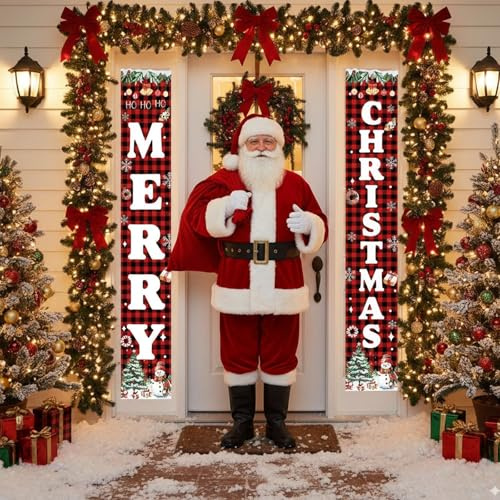 Pancarta de Navidad, carteles de Navidad, pancarta de Feliz Navidad, rojo Feliz Navidad, Buffalo Plaid Merry Christmas Cartel Colgante Decoración de Navidad