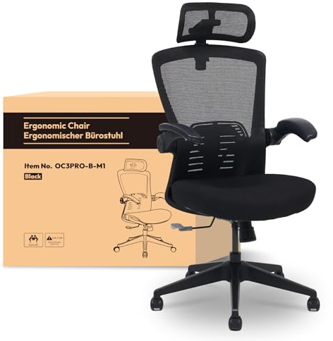 FLEXISPOT OC3 PRO Ergonomic Office Chair with 3D Headrest, Height-Adjustable Backrest, Folding PU Armrests, Breathable Mesh Seat, 135° Back Adjustment and Maximum Load 180 kg (Black)