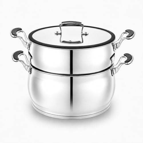 Couscoussier Inox Premium 4/6/8 L – Couvercle Verre + Joint Silicone – Fond Encapsulé – Compatible Induction & Lave-vaisselle – Sans Revêtement Antiadhésif – 22/24/26 cm (8 Litres 6+ Personnes)